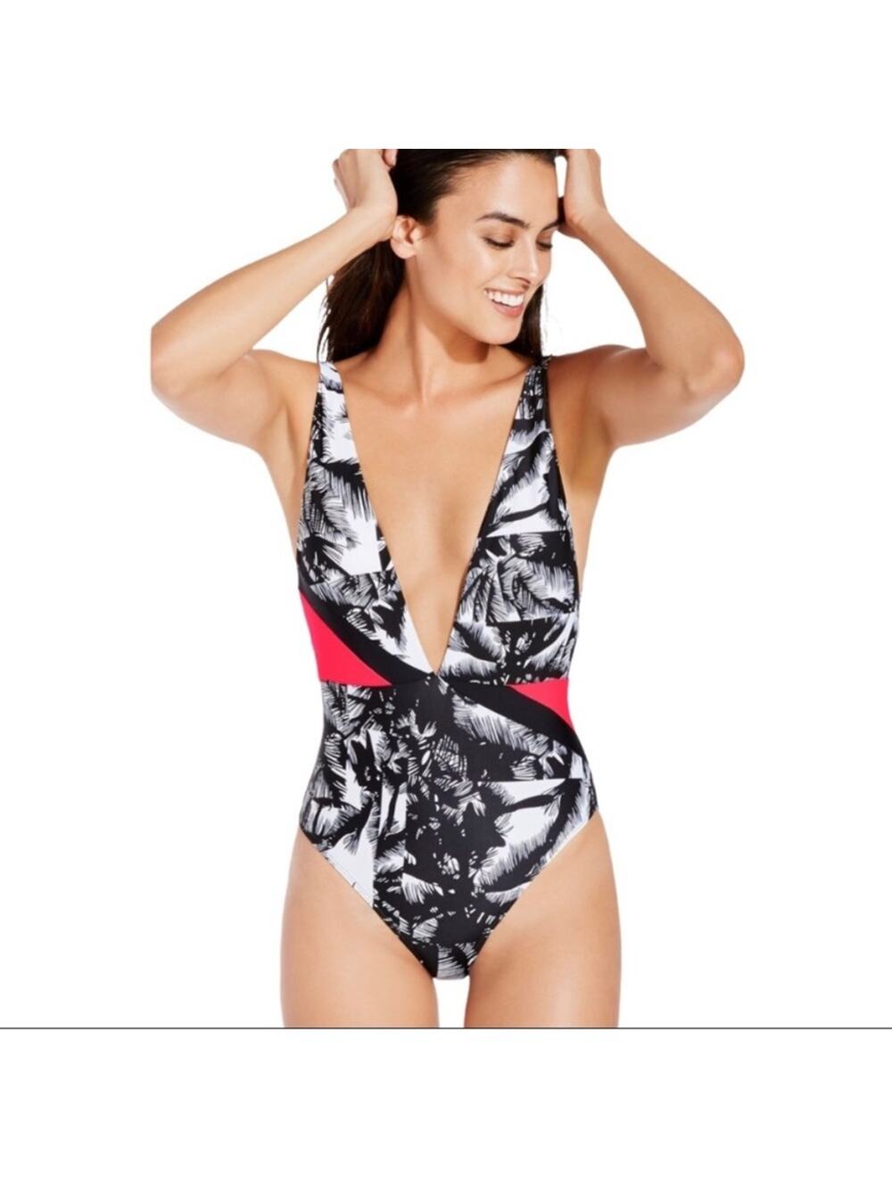 NWT Fabletics One Piece Swimsuit Small Deep V Plunge Maro Tropical Palm